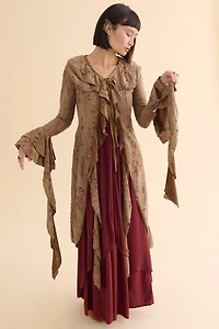 Brown Distressed Ruffle Duster Cardigan