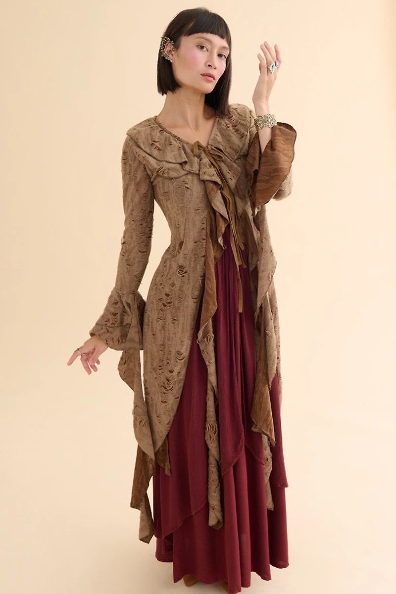 Brown Distressed Ruffle Duster Cardigan