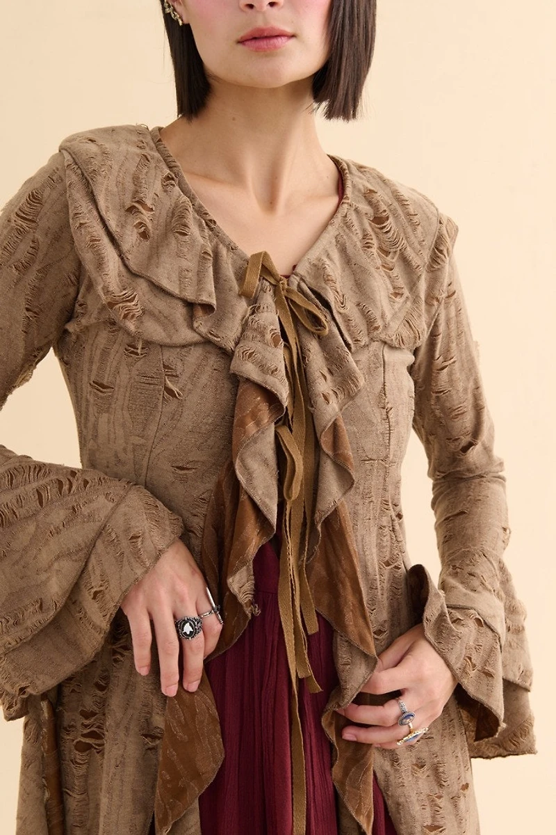 Brown Distressed Ruffle Duster Cardigan