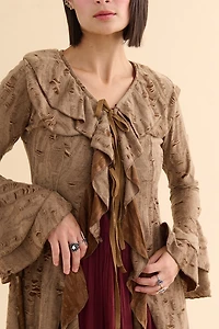 Brown Distressed Ruffle Duster Cardigan