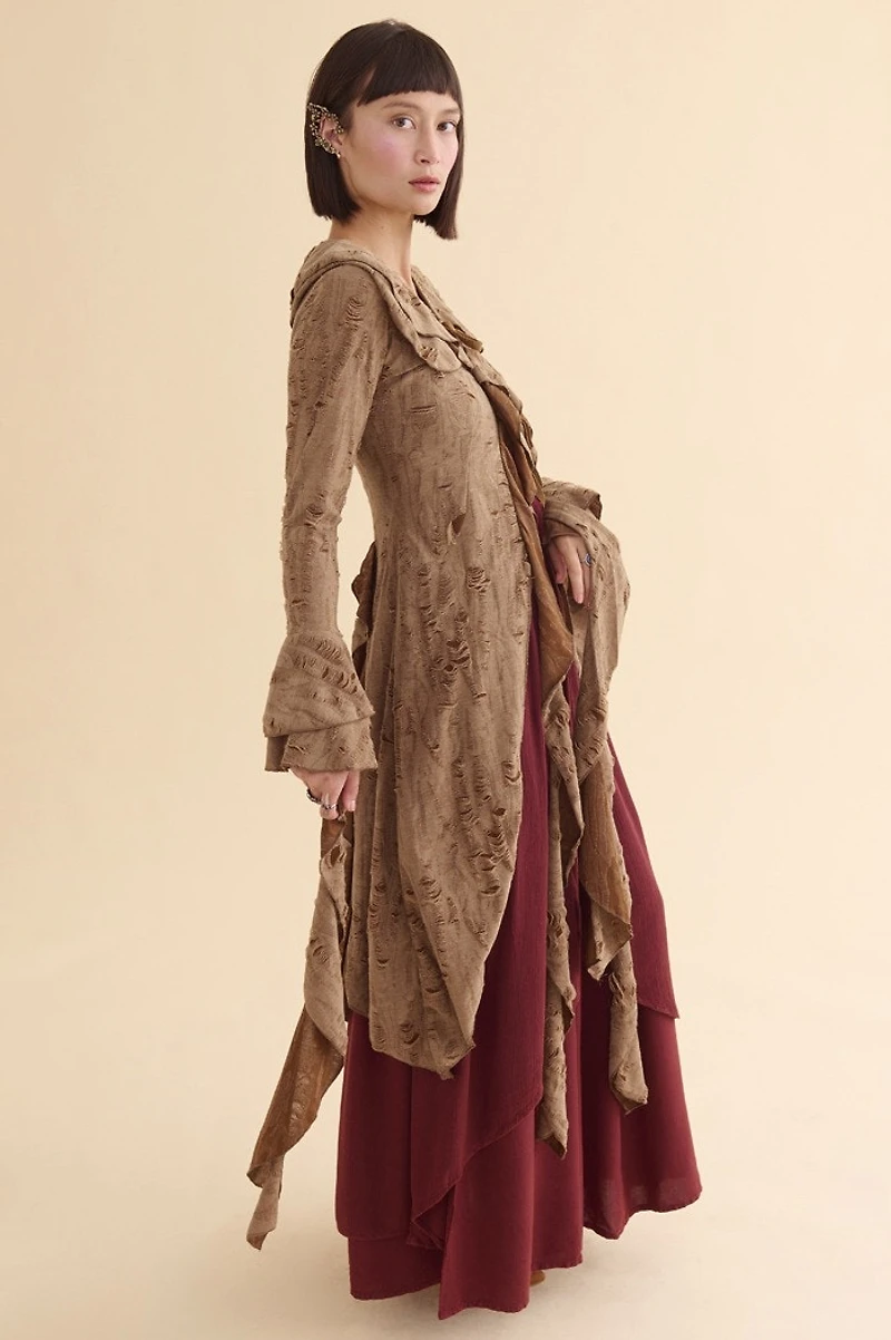 Brown Distressed Ruffle Duster Cardigan