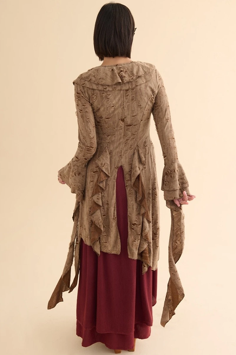 Brown Distressed Ruffle Duster Cardigan
