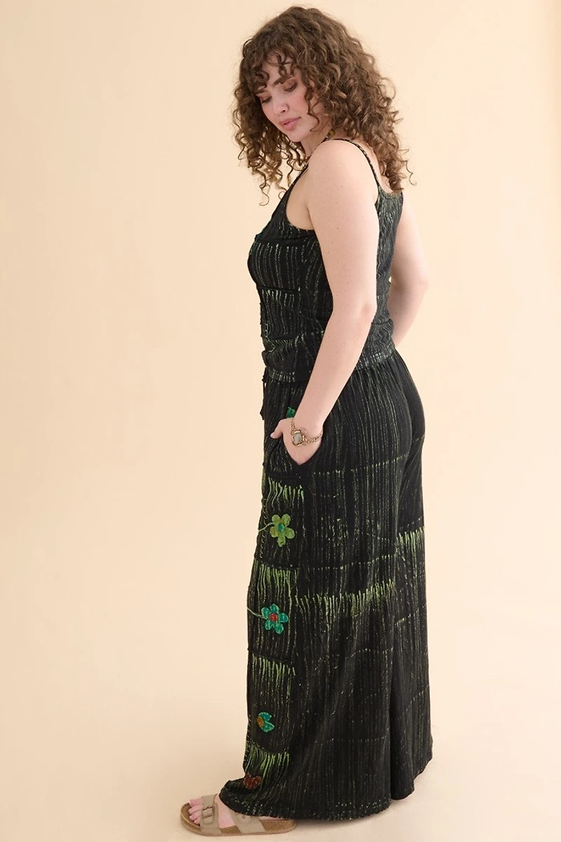 Embroidered Daisy Flower Wide Leg Pants