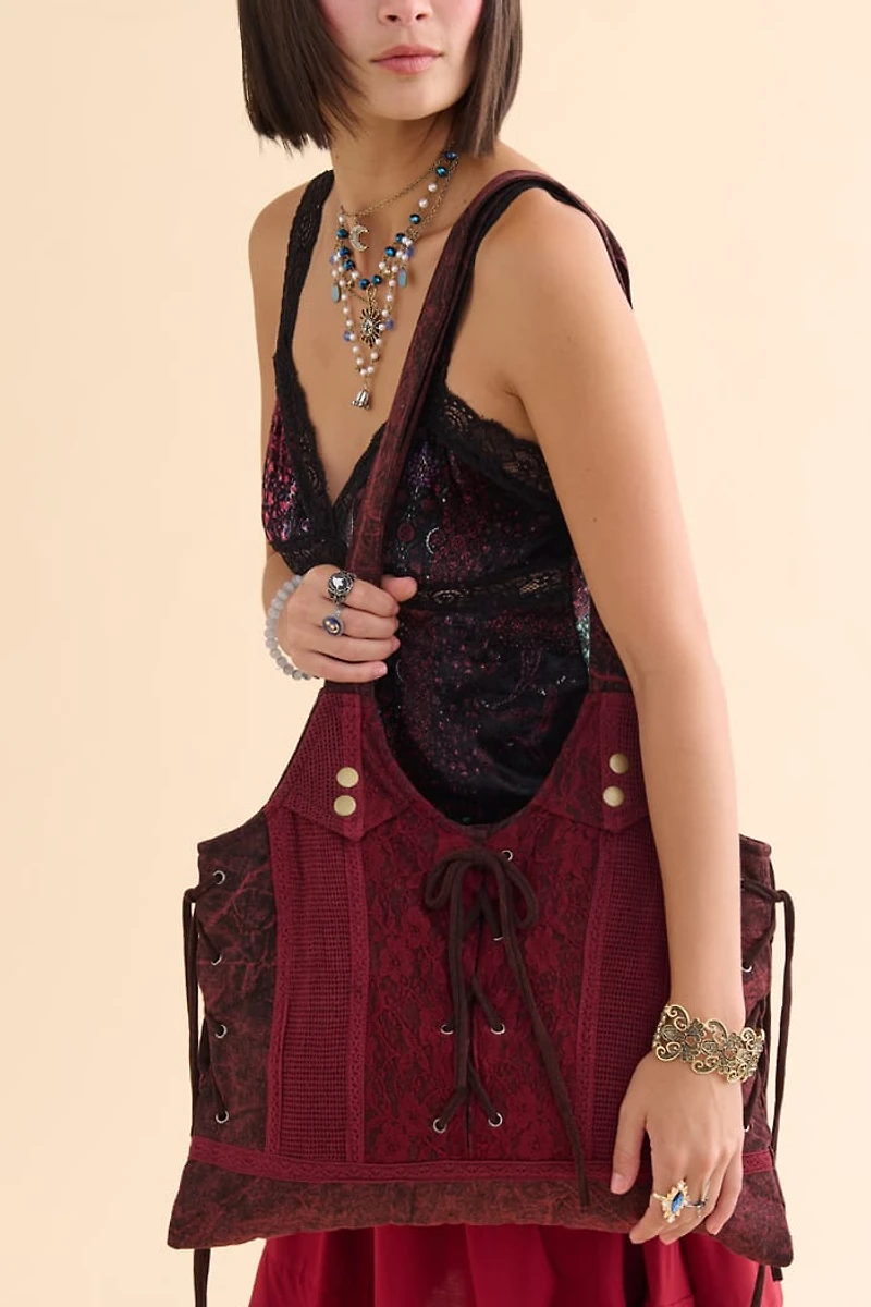 Burgundy Lace Up Shoulder Bag