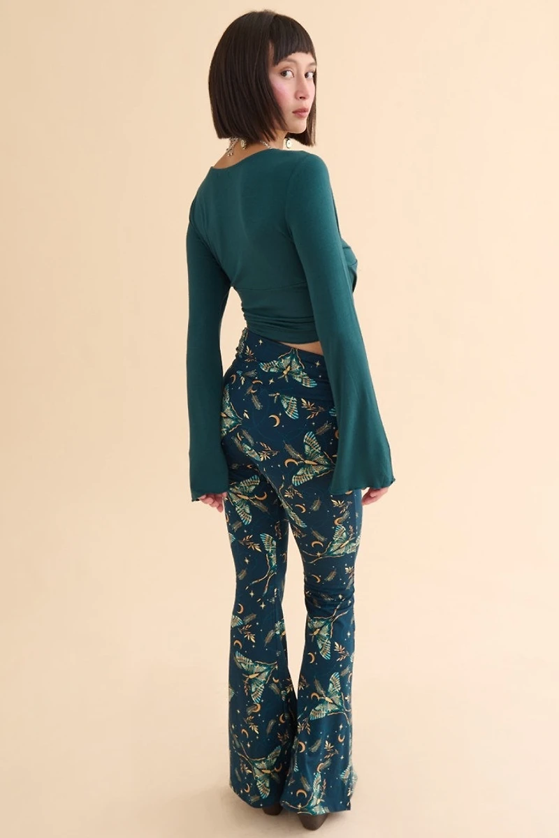 Green Moon Moth Flare Pants