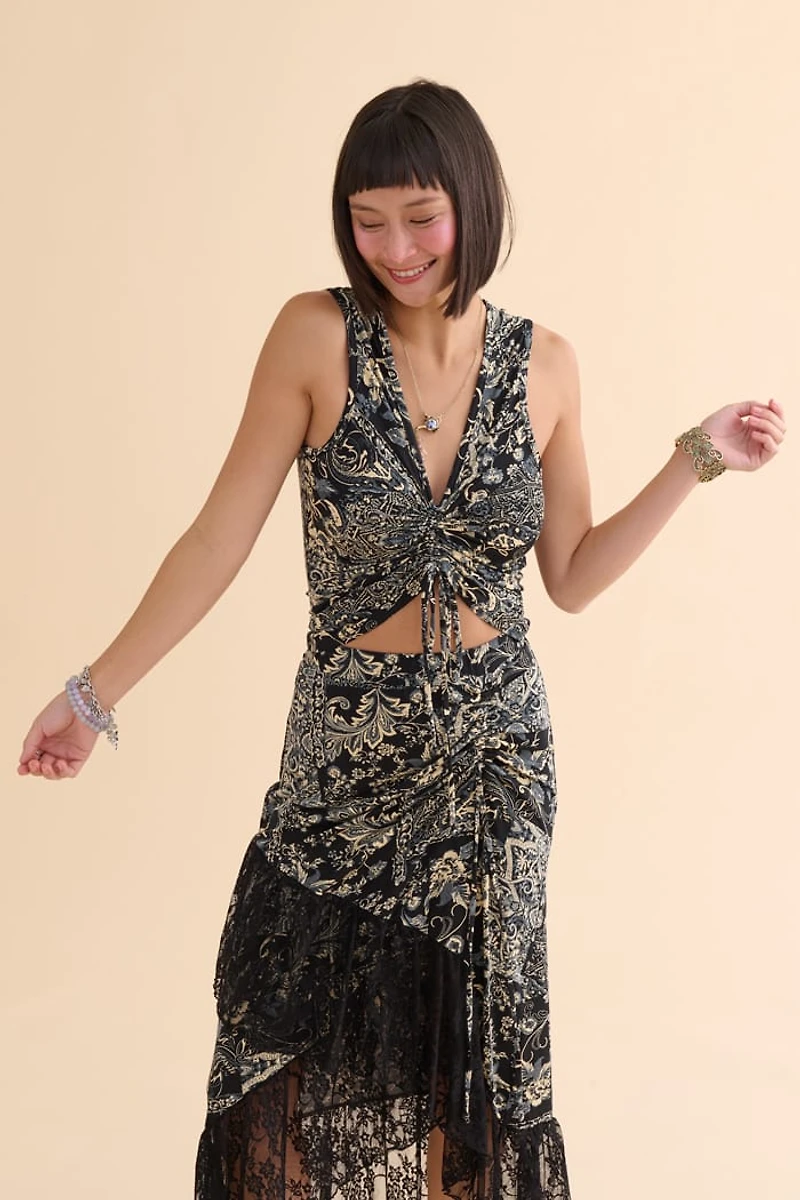 Black Gothic Paisley Cinch Front Tank