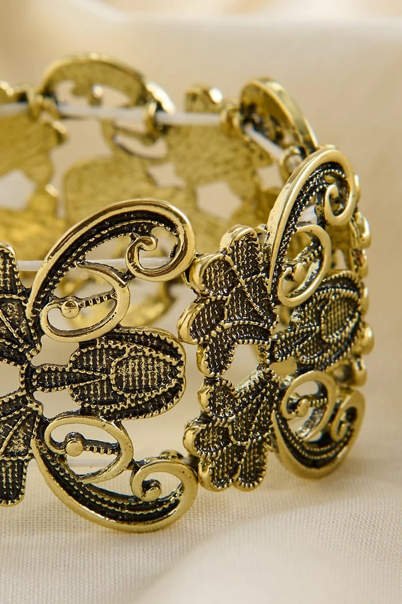 Floral Filigree Stretch Cuff Bracelet