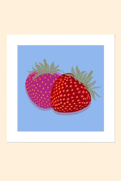 Two Strawberries on Blue Background Art Print
