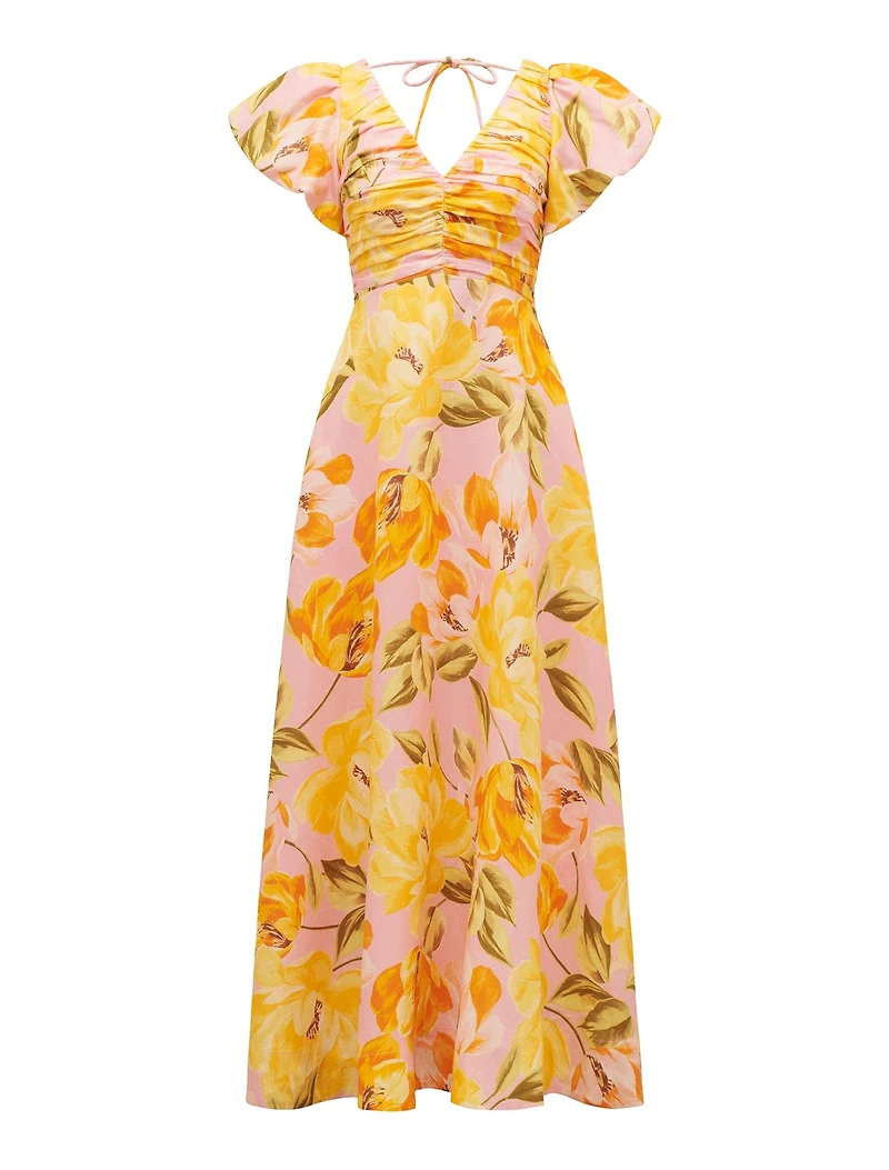 June Ruched Linen Midi