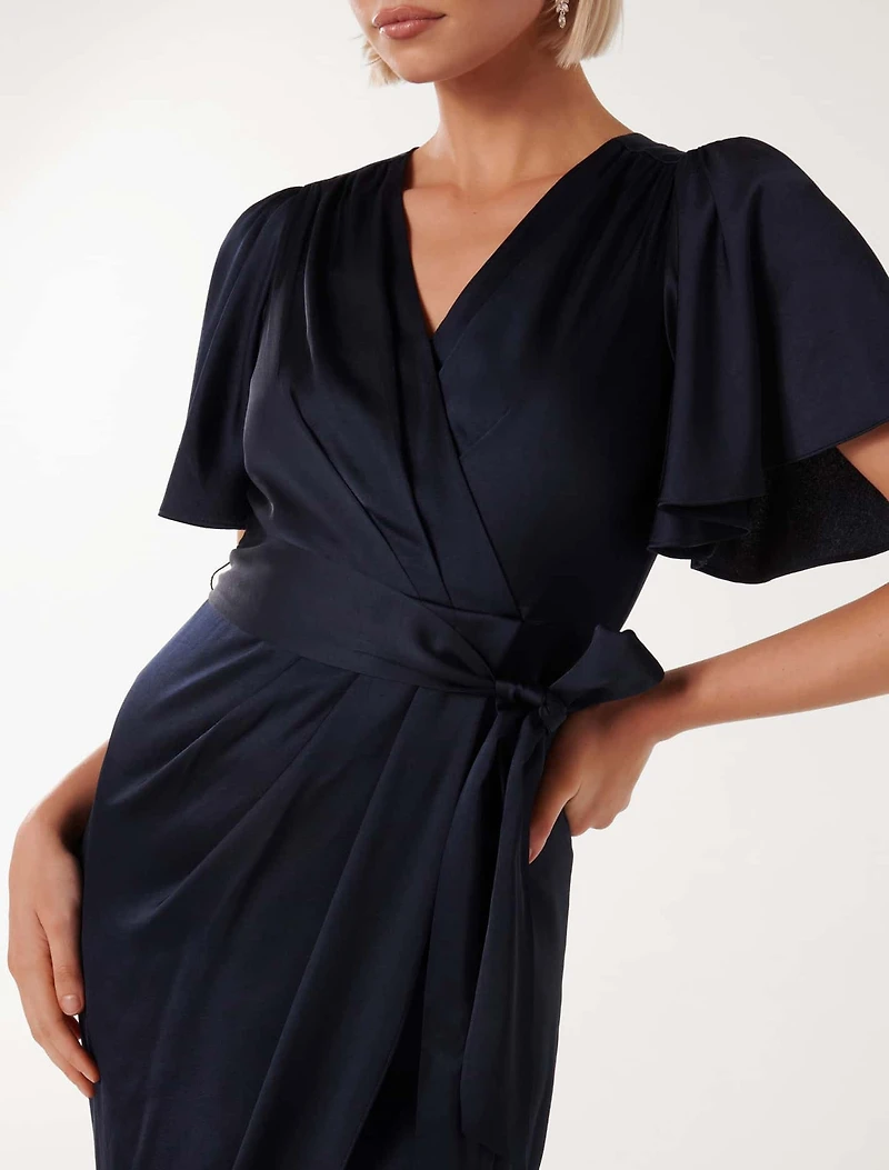 Carolina Satin Flutter Sleeve Midi Dress