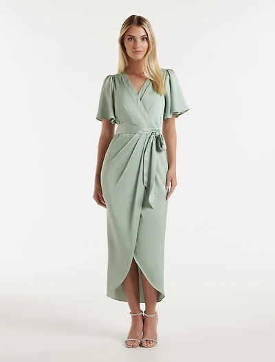 Carolina Satin Flutter Sleeve Midi Dress