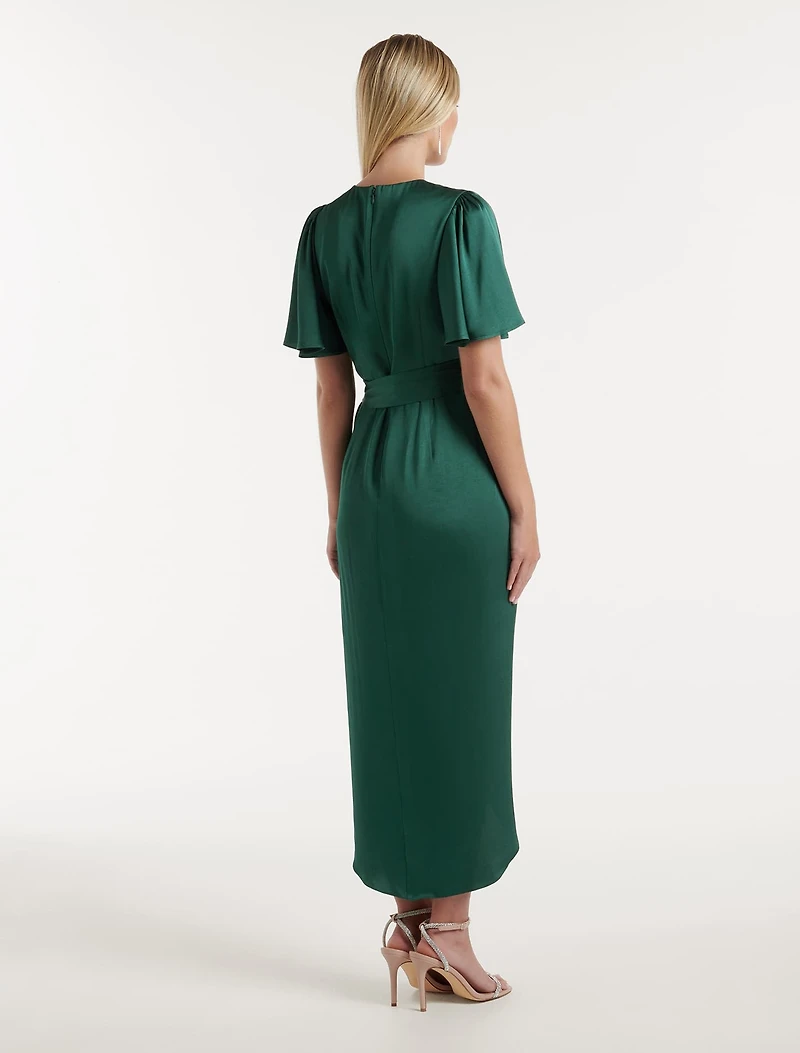 Carolina Satin Flutter Sleeve Midi Dress