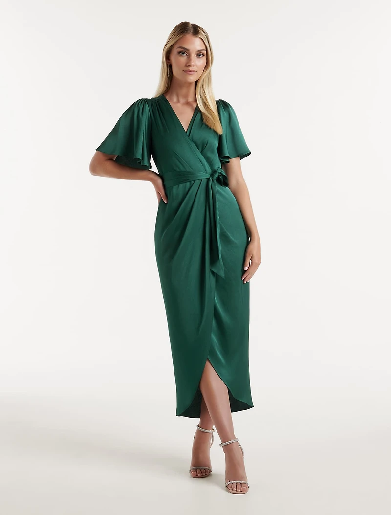 Carolina Satin Flutter Sleeve Midi Dress