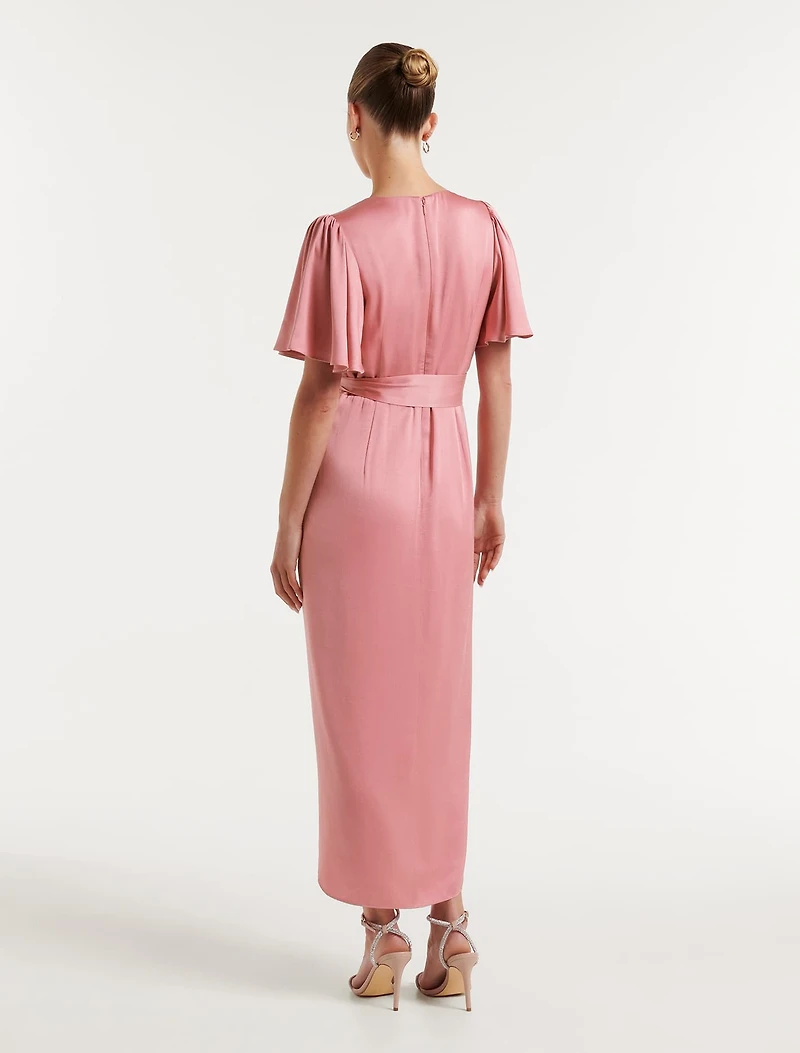 Carolina Satin Flutter Sleeve Midi Dress