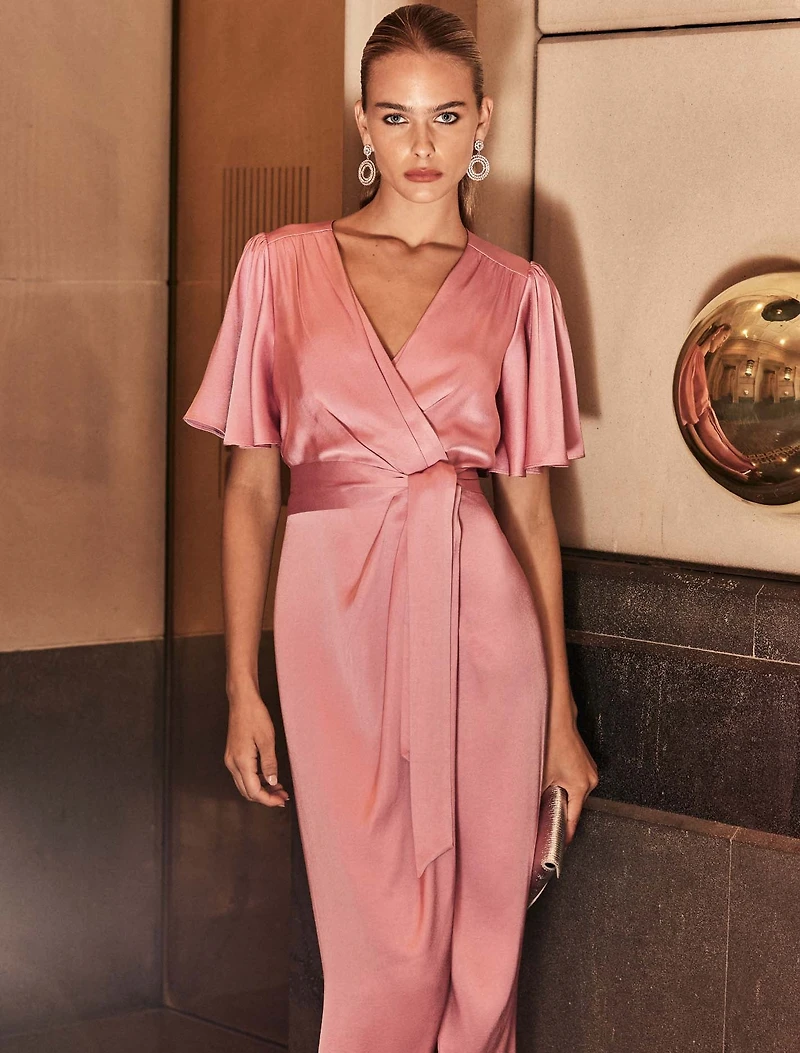 Carolina Satin Flutter Sleeve Midi Dress