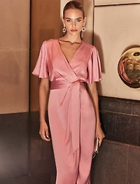 Carolina Satin Flutter Sleeve Midi Dress