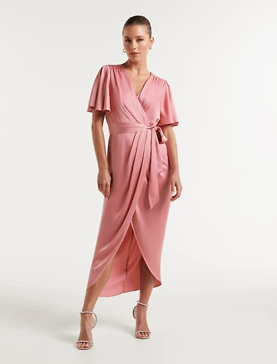 Carolina Satin Flutter Sleeve Midi Dress