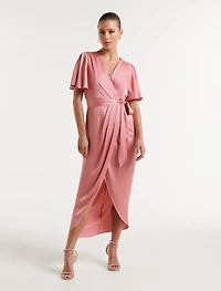 Carolina Satin Flutter Sleeve Midi Dress
