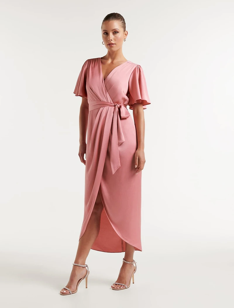Carolina Satin Flutter Sleeve Midi Dress