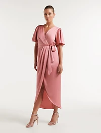 Carolina Satin Flutter Sleeve Midi Dress