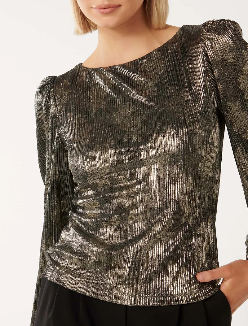 Gabriella Boat Neck Metallic Plisse
