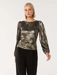 Gabriella Boat Neck Metallic Plisse