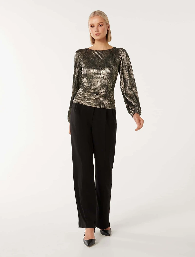 Gabriella Boat Neck Metallic Plisse
