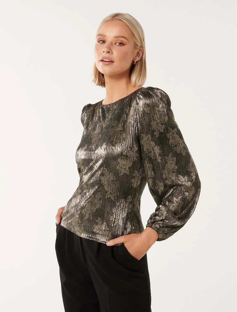 Gabriella Boat Neck Metallic Plisse