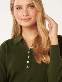 Olive Button Through Polo Sweater