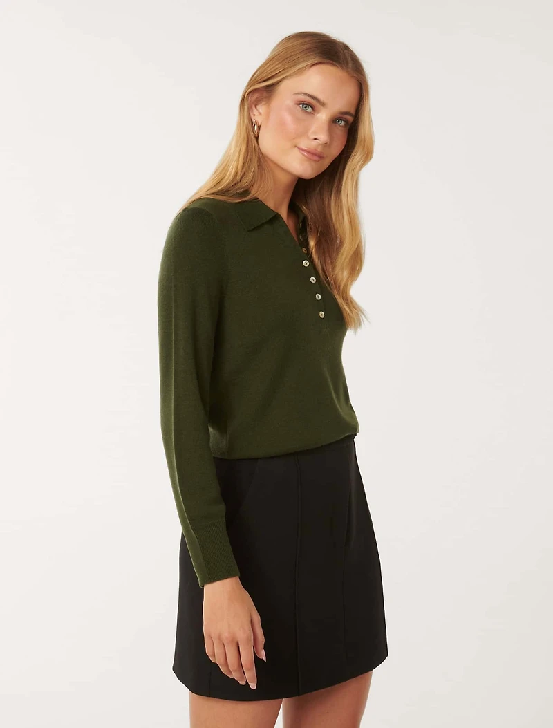 Olive Button Through Polo Sweater