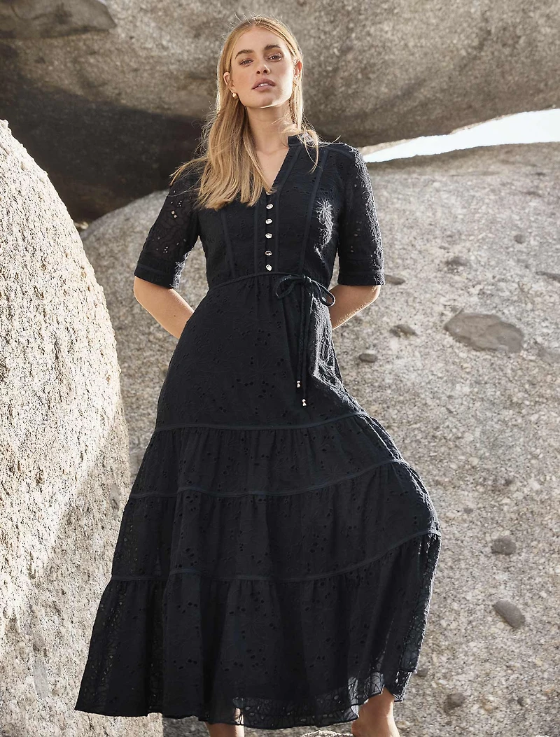 Rachel Embroidered Short Sleeve Midi Dress