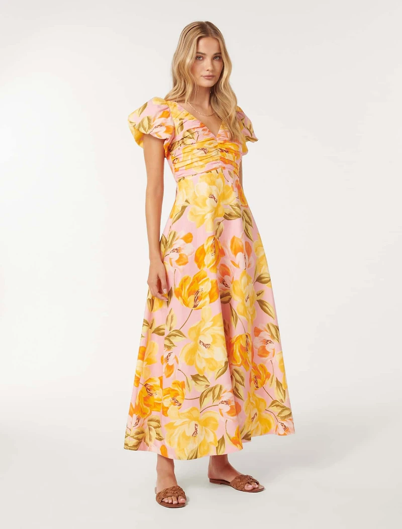 June Ruched Linen Midi