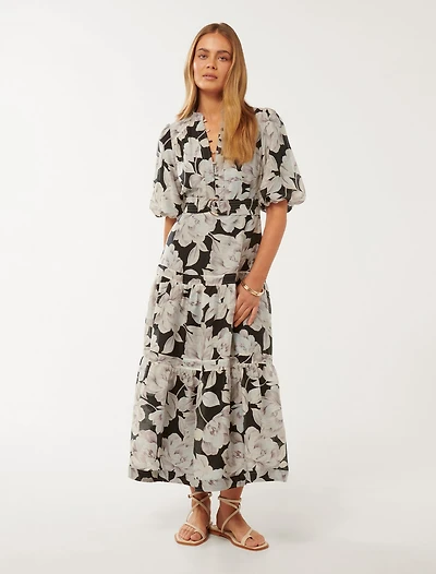 Leona Short-Sleeved Pin Tuck Midi Dress