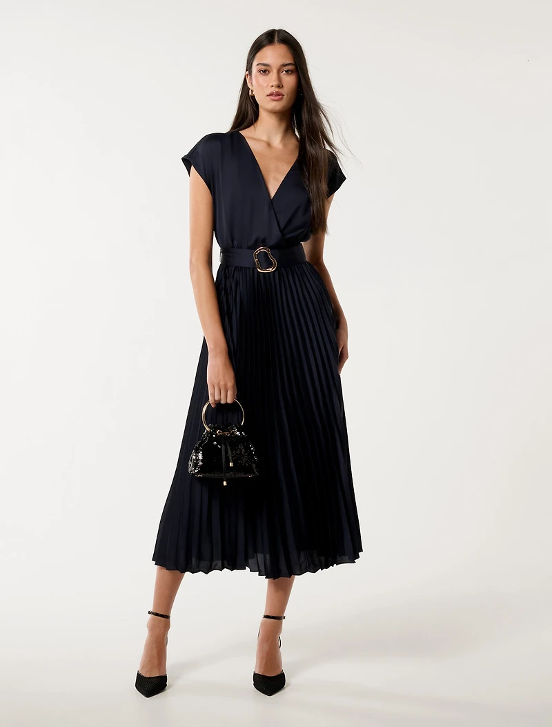 Catherine Satin Pleated Midi Dress