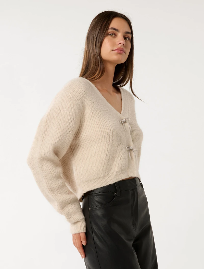 Dana Bow-Detail Fluffy Cardigan