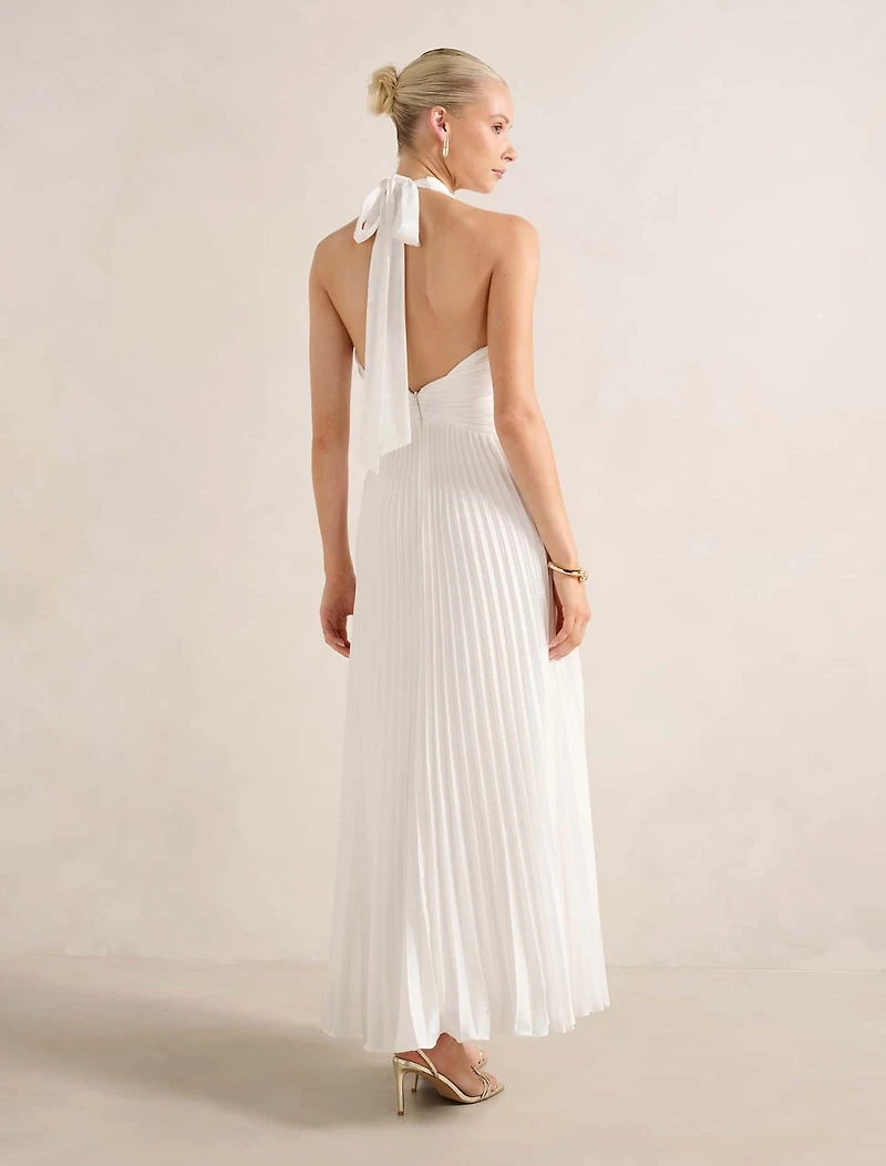 Natasha Pleated Satin Halter Maxi Dress