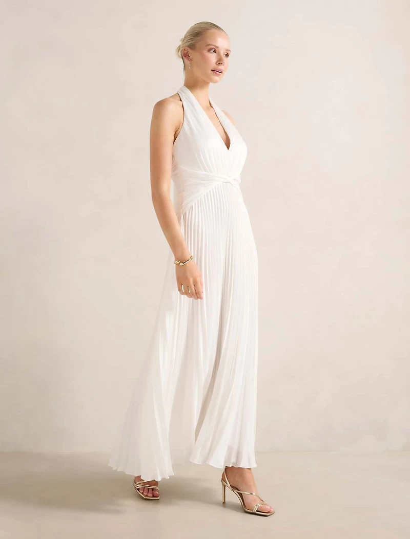 Natasha Pleated Satin Halter Maxi Dress