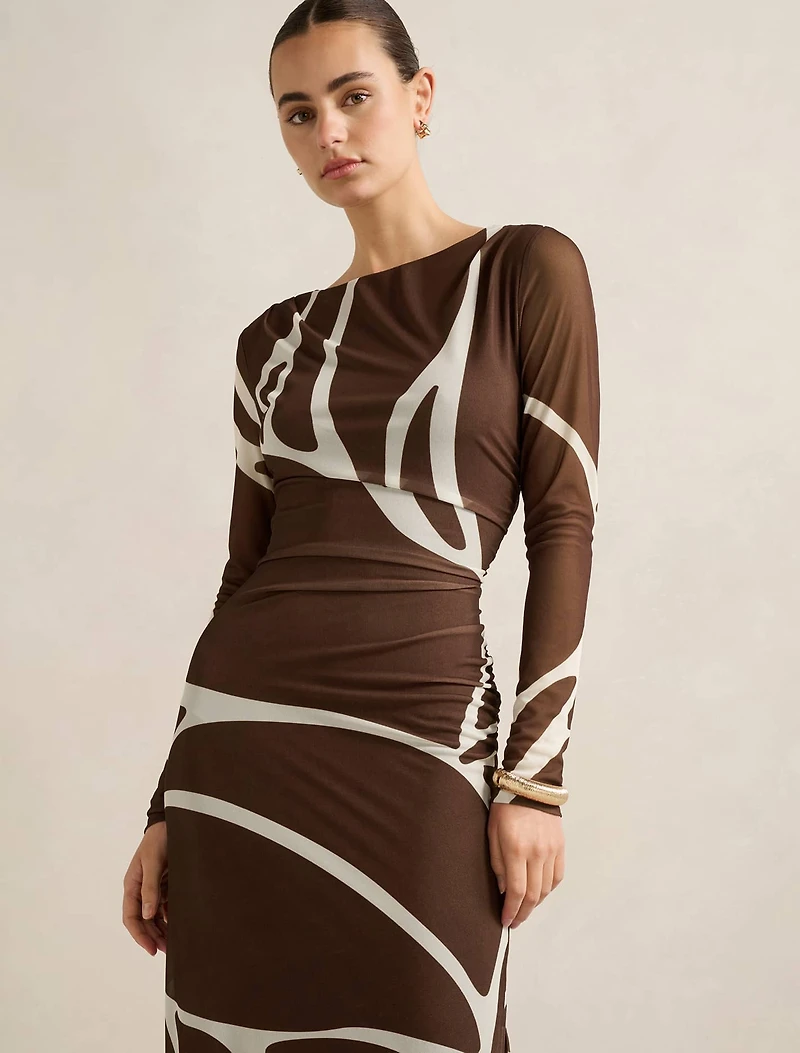 Alannah Mesh Long-Sleeve Midi Dress
