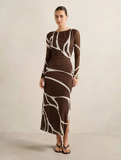 Alannah Mesh Long-Sleeve Midi Dress