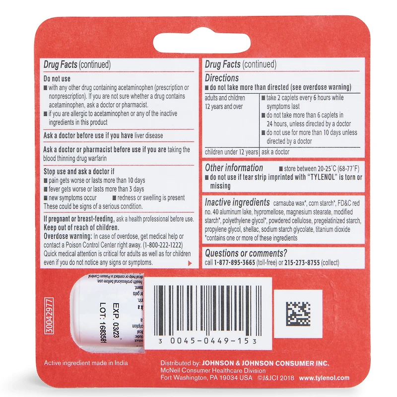 Extra Strength Tylenol® Travel Pack Acetaminophen 500Mg Caplets 10-Count