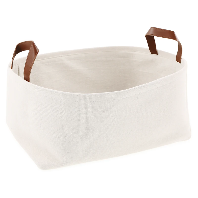 Large Soft Canvas Storage Basket w/ Faux Leather Handles 16in x 8in