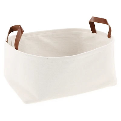 Large Soft Canvas Storage Basket w/ Faux Leather Handles 16in x 8in