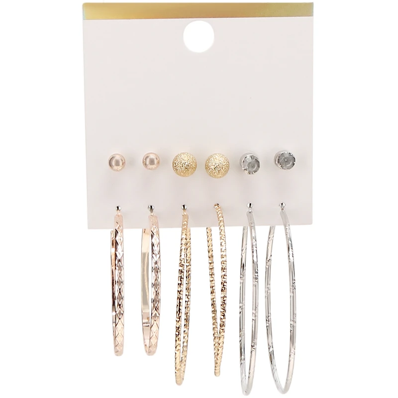 Gold & Silver Earrings 6-Pair Set w/ Studs & Hoops