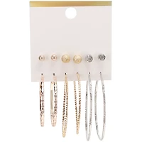 Gold & Silver Earrings 6-Pair Set w/ Studs & Hoops