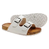 Ladies Faux Leather Double Buckle Sandals - White