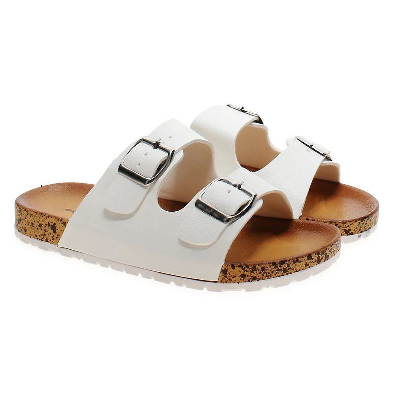 Ladies Faux Leather Double Buckle Sandals - White