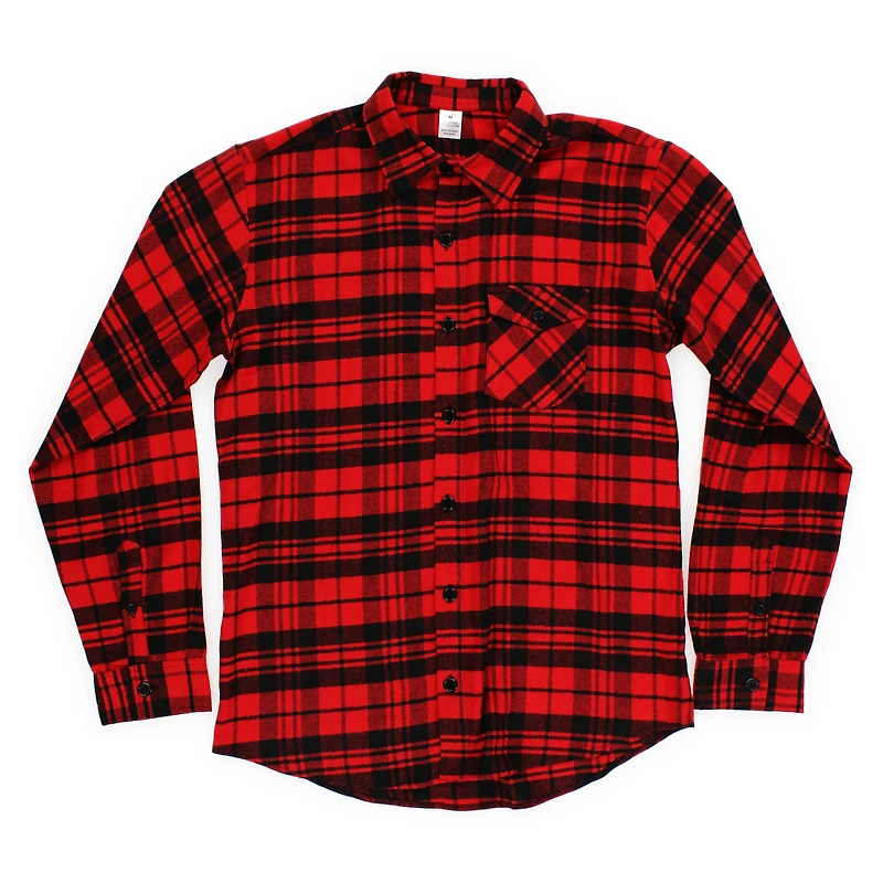 Young Men's Button-Down Flannel Shirt - Red & Black Plaid