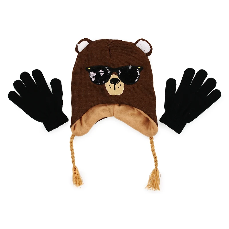 Kid's Winter Hat & Gloves Set - Bear w/ Sequin Sunglasses