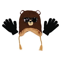 Kid's Winter Hat & Gloves Set - Bear w/ Sequin Sunglasses