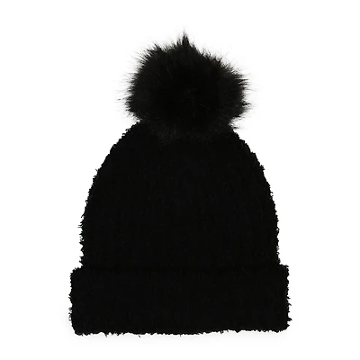 Fuzzy Knit Beanie Hat With Faux Fur Pom